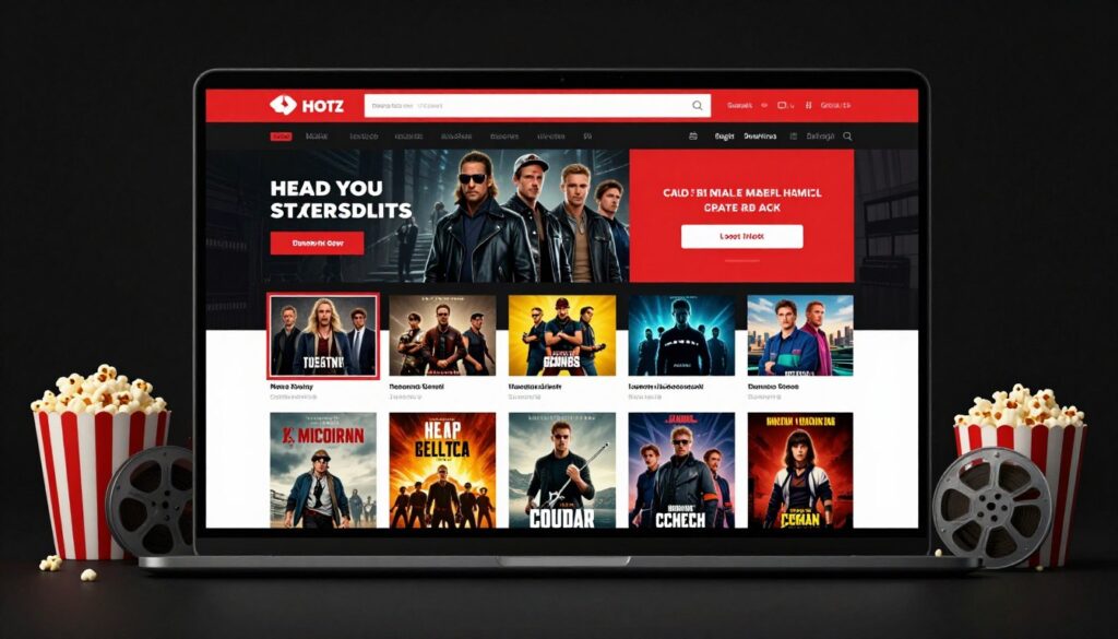 Dark themed movie website with red accent colors showing visual hierarchy
