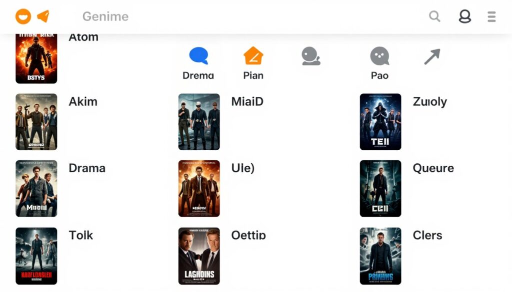 Genre navigation showing action, drama, comedy, documentary categories