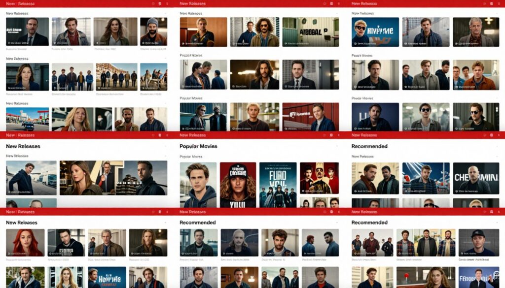 Horizontal scrolling movie thumbnail rows organized by category