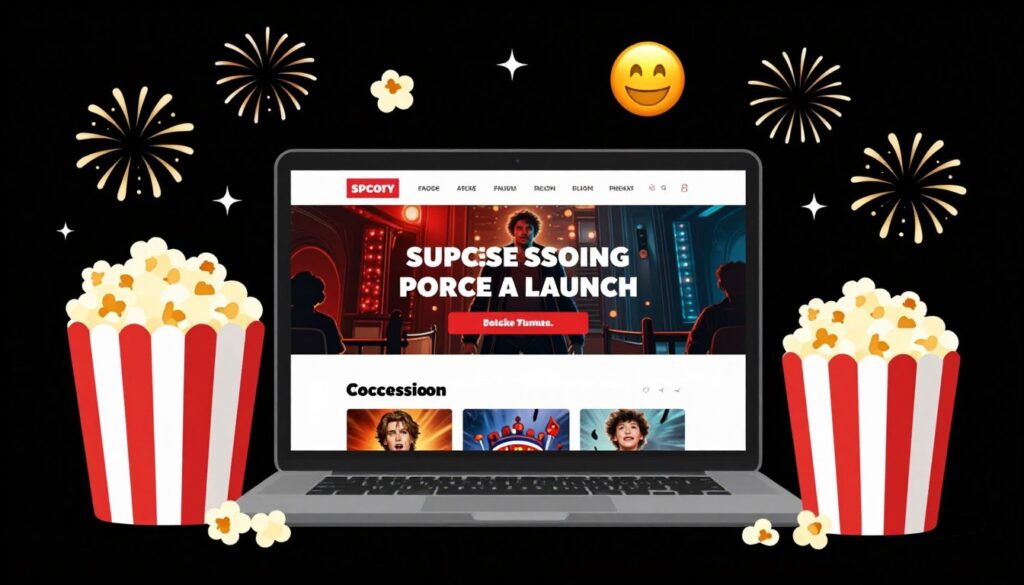 Movie website success celebration with popcorn and cinema theme