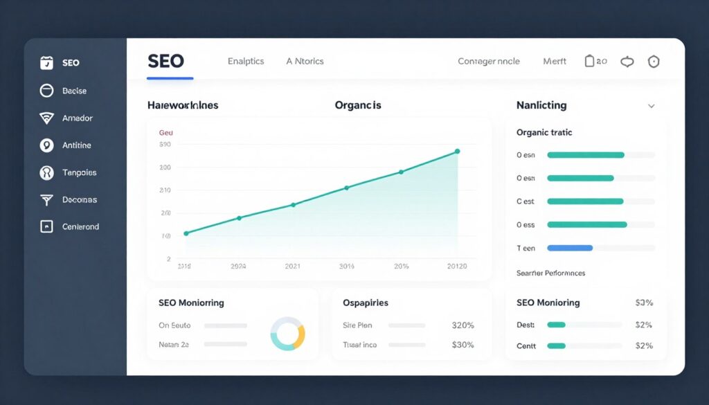 SEO dashboard showing search rankings and organic traffic