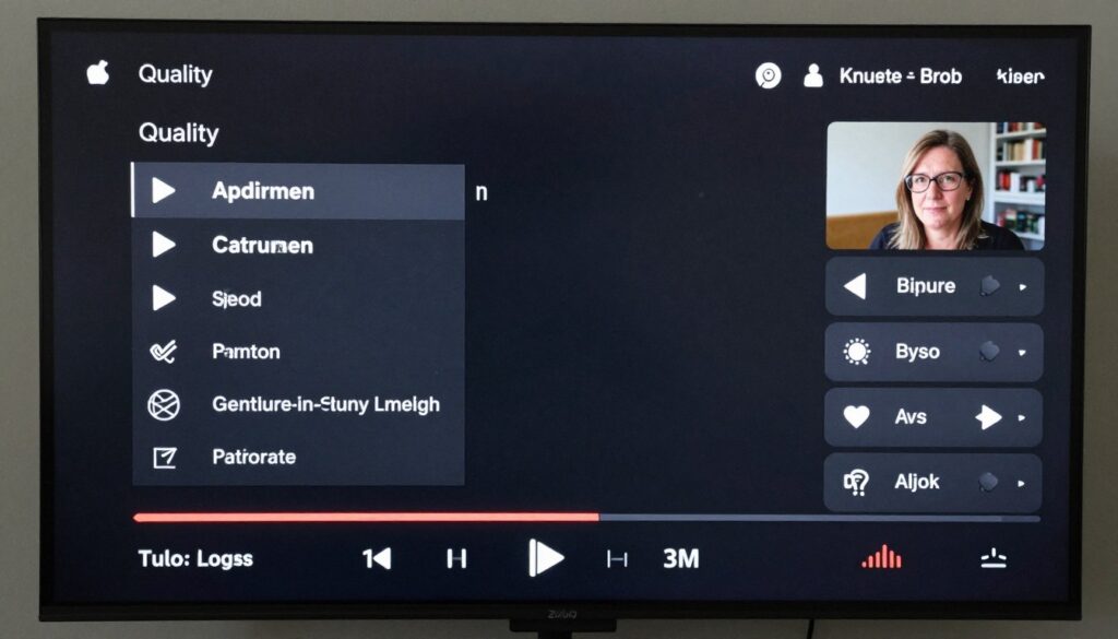Video player showing advanced features like quality selection and playback speed